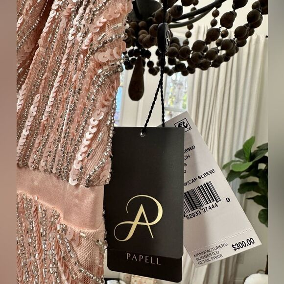 Adrianna Papell Women's Long Beaded V-Neck Dress With Cap Sleeves and Waistband - Picture 5 of 9